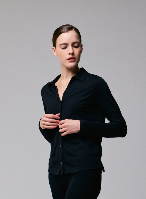 Black Shirt Long Sleeve Shirt in Organic Cotton / Cashmere - MAJESTIC FILATURES