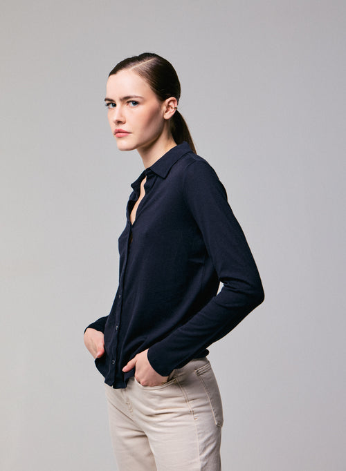 Chemise Marine Chemise Manches Longues en Coton Organique / Cachemire - MAJESTIC FILATURES