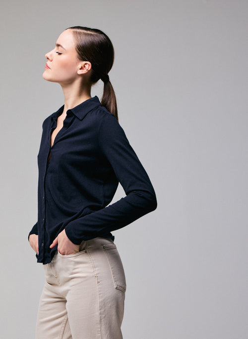 Chemise Marine Chemise Manches Longues en Coton Organique / Cachemire - MAJESTIC FILATURES
