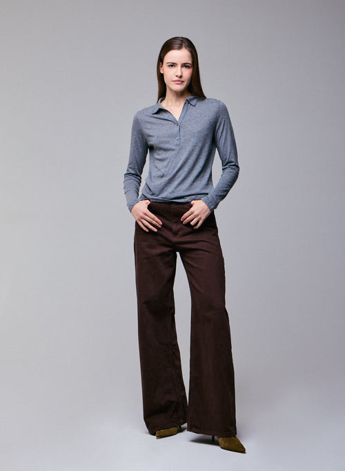 Polo Gris Polo Manches Longues en Coton / Cachemire - MAJESTIC FILATURES