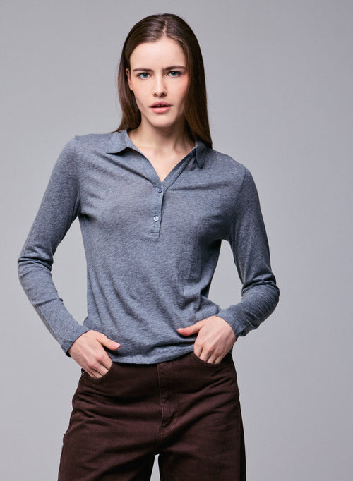 Polo Gris Polo Manches Longues en Coton / Cachemire - MAJESTIC FILATURES