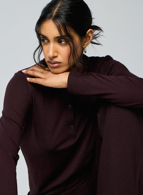 Polo Aubergine Manches Longues en Coton / Cachemire - MAJESTIC FILATURES