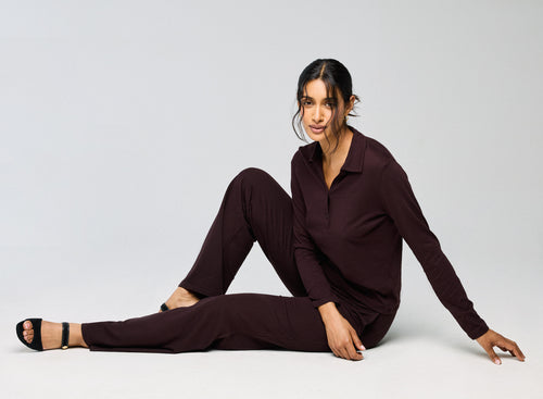 Polo Aubergine Manches Longues en Coton / Cachemire - MAJESTIC FILATURES