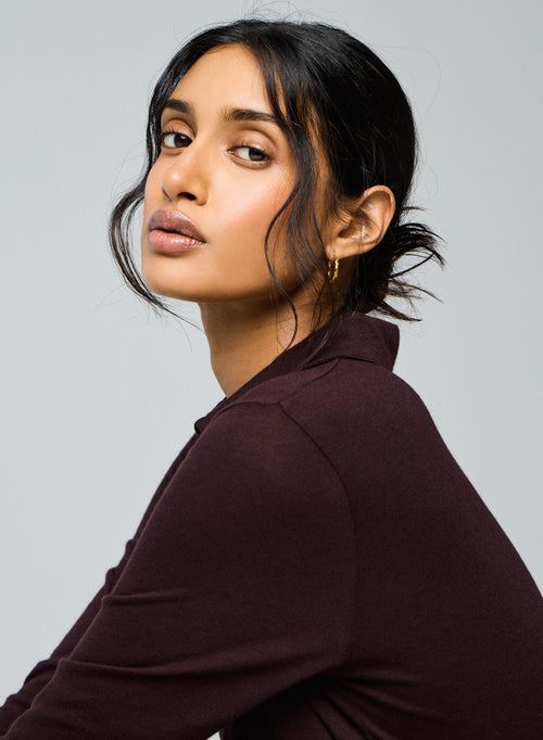 Polo Aubergine Manches Longues en Coton / Cachemire - MAJESTIC FILATURES