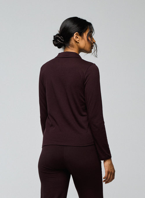 Polo Aubergine Manches Longues en Coton / Cachemire - MAJESTIC FILATURES