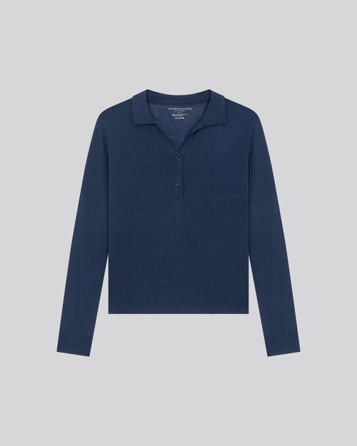 Polo Bleu Polo Manches Longues en Coton / Cachemire - MAJESTIC FILATURES