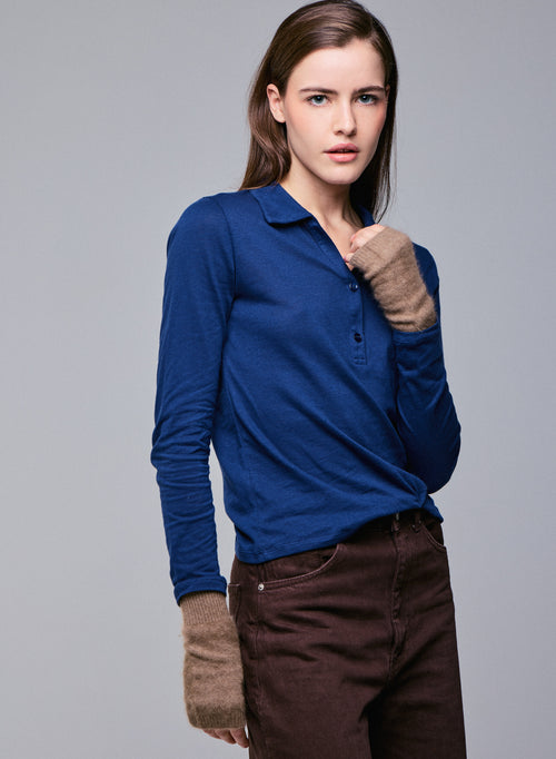 Polo Bleu Polo Manches Longues en Coton / Cachemire - MAJESTIC FILATURES