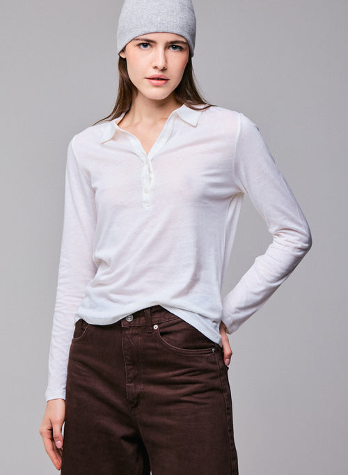 Polo Blanc Polo Manches Longues en Coton / Cachemire - MAJESTIC FILATURES