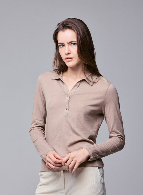 Beige Polo Shirt Long Sleeve Cotton / Cashmere Polo Shirt - MAJESTIC FILATURES