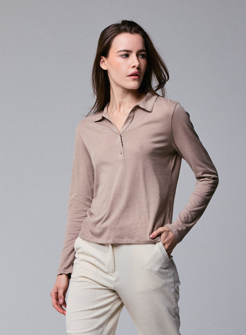 Polo Beige Polo Manches Longues en Coton / Cachemire - MAJESTIC FILATURES