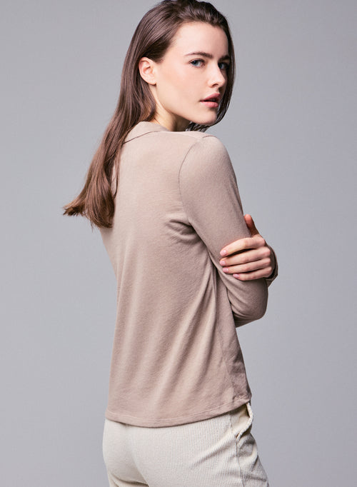 Beige Polo Shirt Long Sleeve Cotton / Cashmere Polo Shirt - MAJESTIC FILATURES