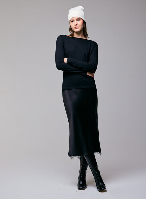 Camiseta negra con cuello barco de manga larga en algodón orgánico / cachemir - MAJESTIC FILATURES