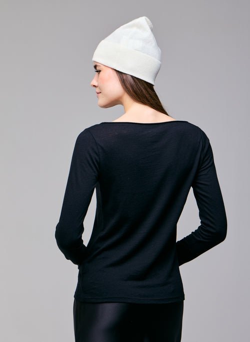 Camiseta negra con cuello barco de manga larga en algodón orgánico / cachemir - MAJESTIC FILATURES