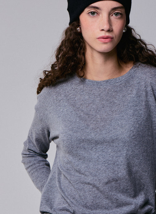 Grey Boat Neck Long Sleeves T-Shirt in Cotton and Cashmere - MAJESTIC FILATURES