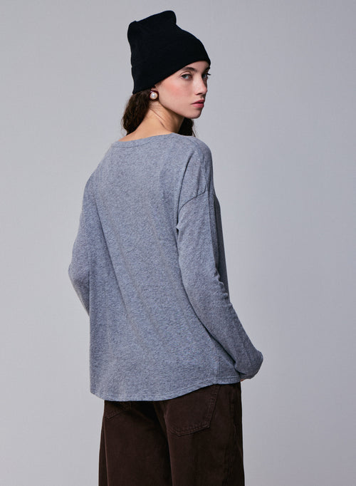 Grey Boat Neck Long Sleeves T-Shirt in Cotton and Cashmere - MAJESTIC FILATURES