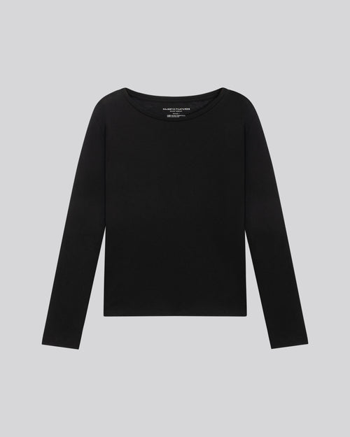 Black Round Neck Long Sleeves T-shirt in Cotton and Cashmere - MAJESTIC FILATURES