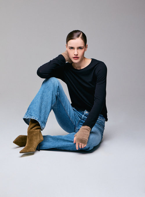 Camiseta negra de manga larga y cuello redondo de Algodón y Cachemira - MAJESTIC FILATURES