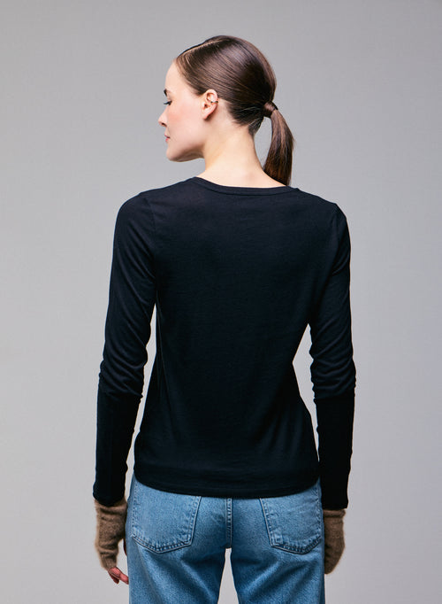 Black Round Neck Long Sleeves T-shirt in Cotton and Cashmere - MAJESTIC FILATURES