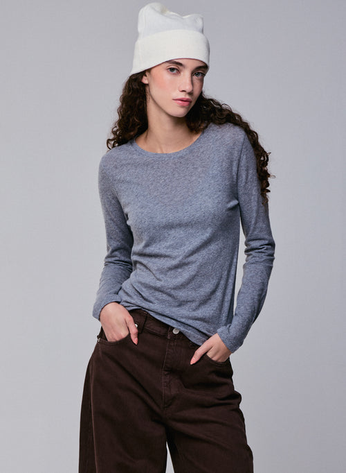 Camiseta de manga larga con cuello redondo gris en algodón orgánico / cachemir - MAJESTIC FILATURES