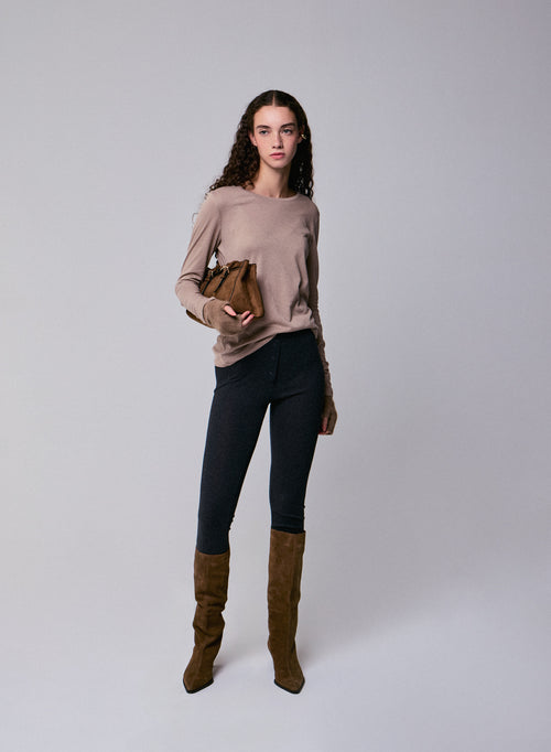 T-shirt Beige Col Rond Manches Longues en Coton Organique et Cachemire - MAJESTIC FILATURES