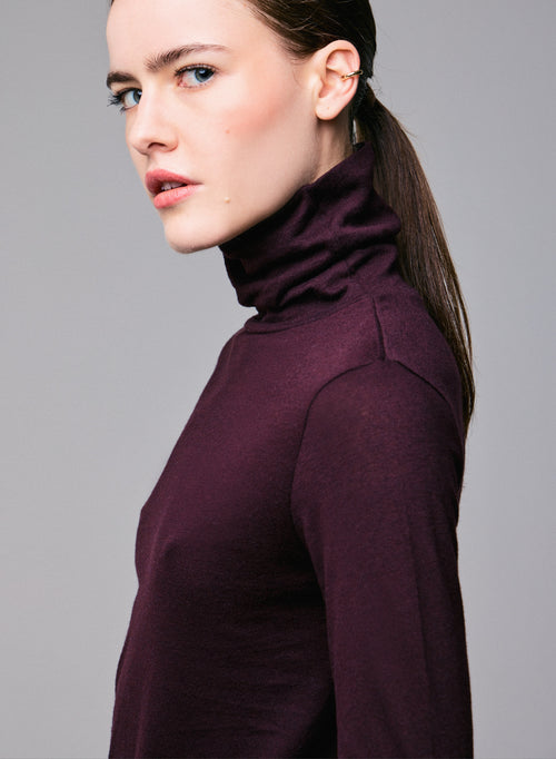 T-shirt Violet Col Roulé Manches Longues en Coton Organique et Cachemire - MAJESTIC FILATURES