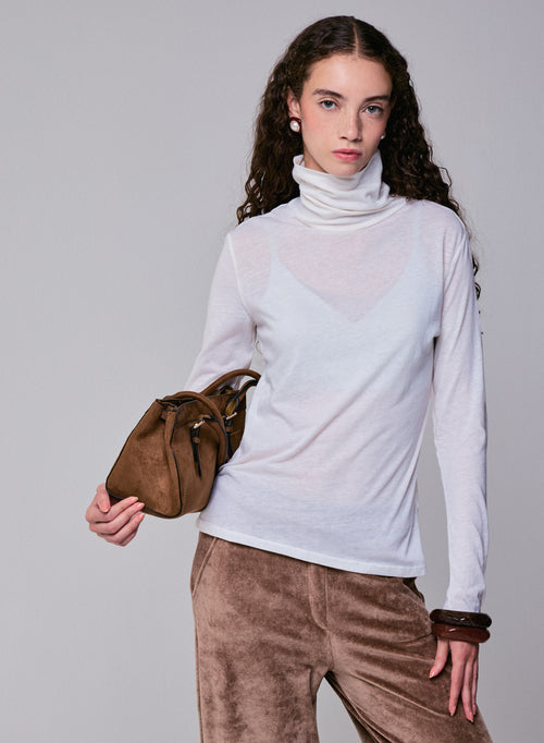 T-shirt Blanc lait Col Roulé Manches Longues en Coton Organique et Cachemire - MAJESTIC FILATURES