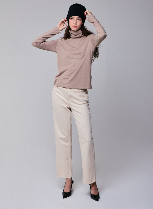 Camiseta de cuello alto de manga larga beige en algodón orgánico / cachemir - MAJESTIC FILATURES