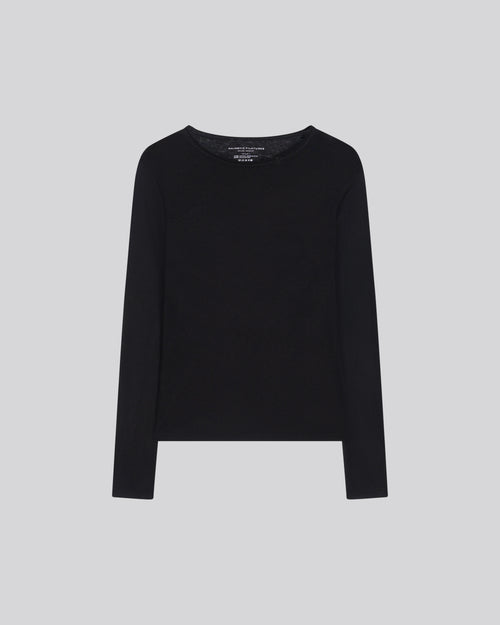 Black Round Neck Long Sleeves T-Shirt in Cotton and Cashmere  - MAJESTIC FILATURES