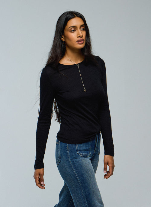 Black Round Neck Long Sleeves T-Shirt in Cotton and Cashmere  - MAJESTIC FILATURES