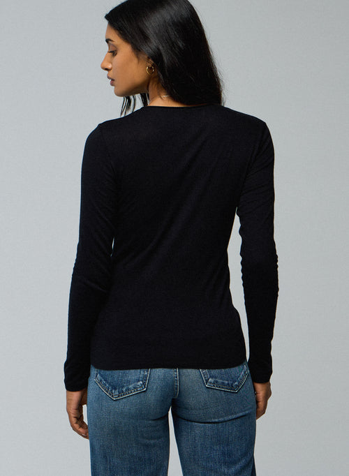 Black Round Neck Long Sleeves T-Shirt in Cotton and Cashmere  - MAJESTIC FILATURES