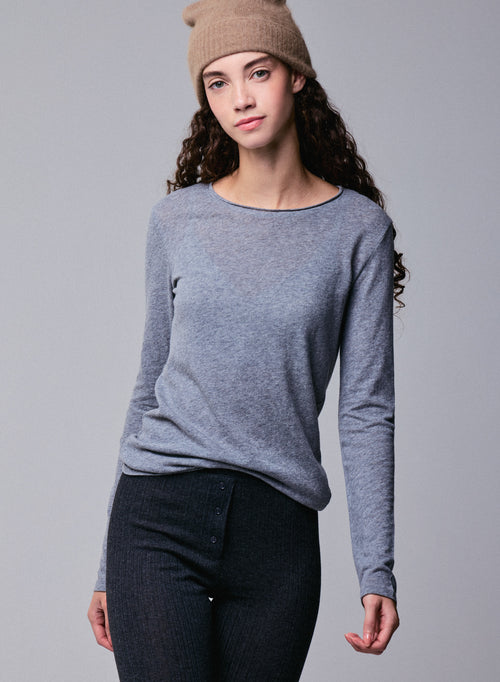 T-shirt Gris Col Rond Manches Longues en Coton et Cachemire - MAJESTIC FILATURES