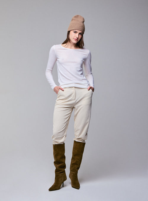 Milk Round Neck Long Sleeves T-shirt in Cotton and Cashmere - MAJESTIC FILATURES