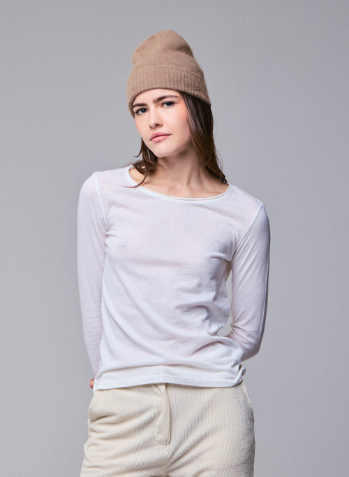 Milk Round Neck Long Sleeves T-shirt in Cotton and Cashmere - MAJESTIC FILATURES
