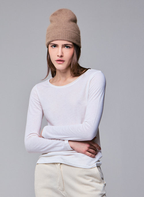Milk Round Neck Long Sleeves T-shirt in Cotton and Cashmere - MAJESTIC FILATURES