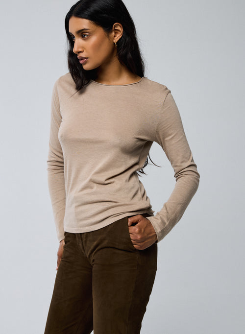 Camiseta de manga larga con cuello redondo beige en algodón orgánico / cachemir - MAJESTIC FILATURES