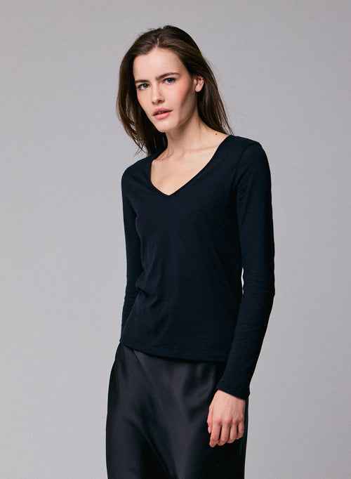 Navy blue V-neck Long sleeves T-shirt in Cotton and Cashmere - MAJESTIC FILATURES