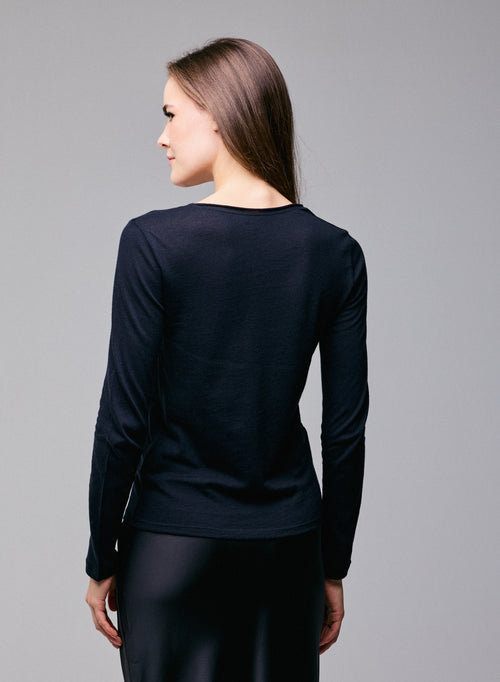 Navy blue V-neck Long sleeves T-shirt in Cotton and Cashmere - MAJESTIC FILATURES