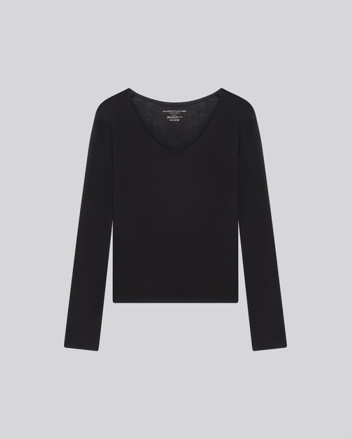 Navy blue V-neck Long sleeves T-shirt in Cotton and Cashmere - MAJESTIC FILATURES