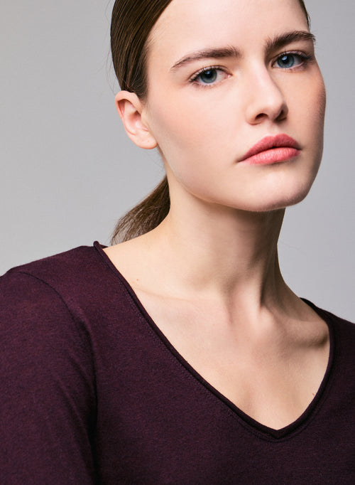 T-shirt Violet Col V Manches Longues en Coton et Cachemire - MAJESTIC FILATURES