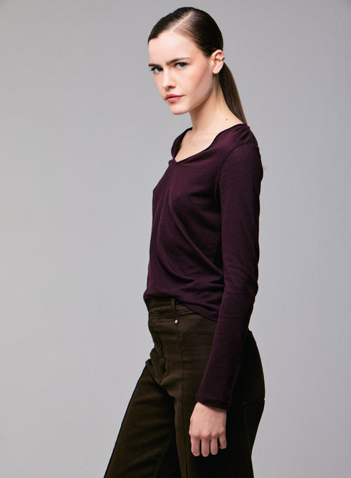 T-shirt Violet Col V Manches Longues en Coton et Cachemire - MAJESTIC FILATURES