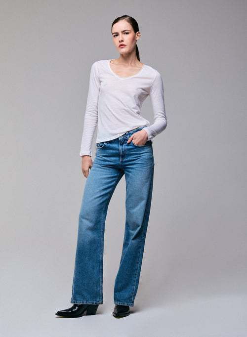 T-shirt Blanc lait Col V Manches Longues en Coton et Cachemire - MAJESTIC FILATURES