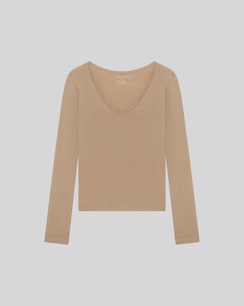 Camiseta de manga larga beige con cuello de pico en algodón orgánico / cachemir - MAJESTIC FILATURES