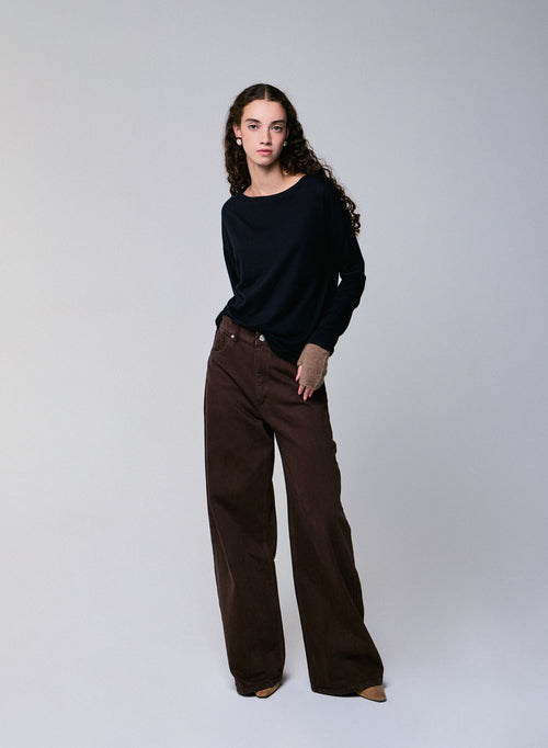 Camiseta de manga larga con cuello barco negra en algodón / cachemira - MAJESTIC FILATURES