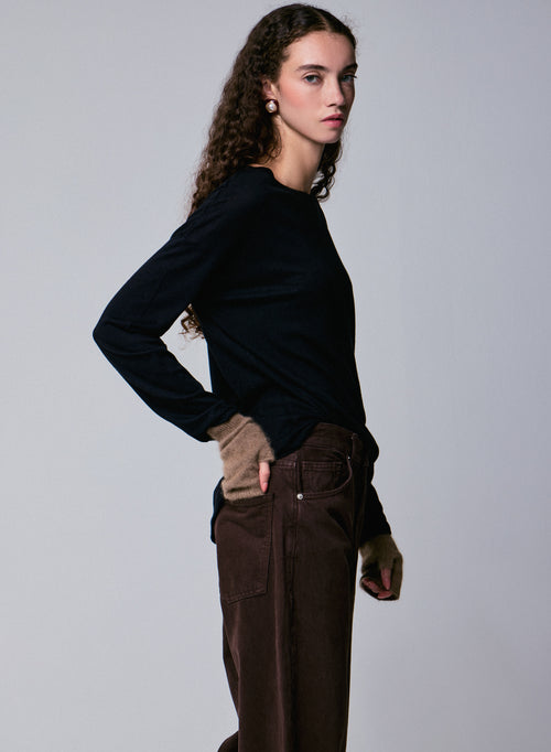 Camiseta de manga larga con cuello barco negra en algodón / cachemira - MAJESTIC FILATURES