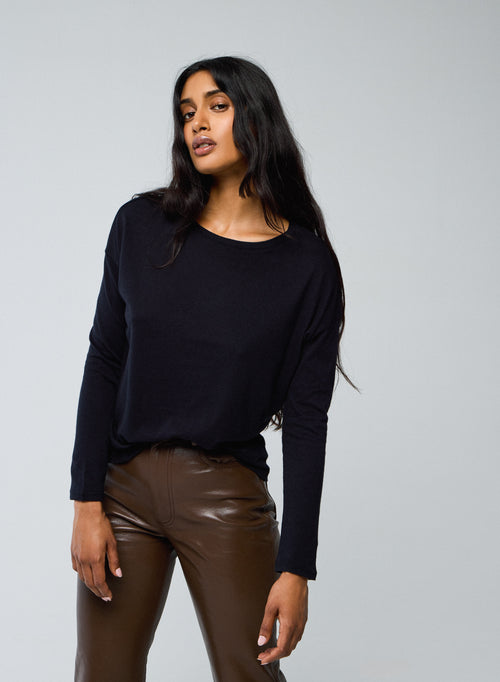 T-shirt Marine Col Bateau Manches Longues en Coton et Cachemire - MAJESTIC FILATURES