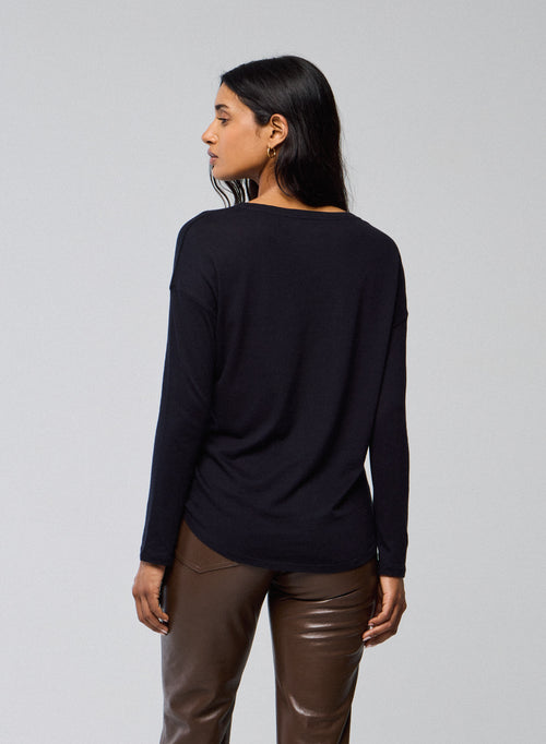 T-shirt Marine Col Bateau Manches Longues en Coton et Cachemire - MAJESTIC FILATURES