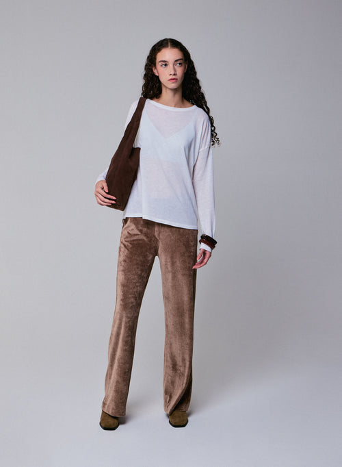 White Boat Neck Long Sleeves T-Shirt in Cotton and Cashmere - MAJESTIC FILATURES