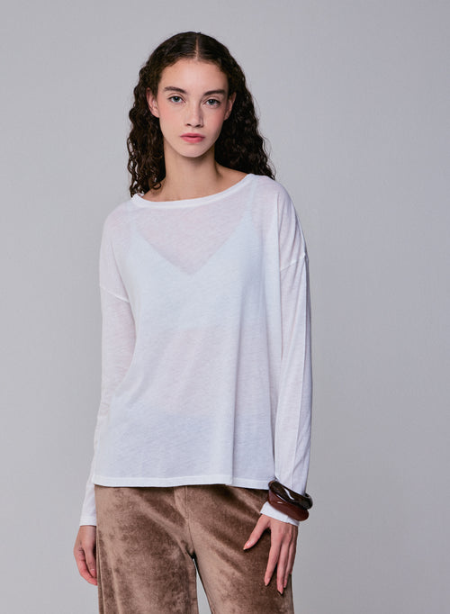 White Boat Neck Long Sleeves T-Shirt in Cotton and Cashmere - MAJESTIC FILATURES