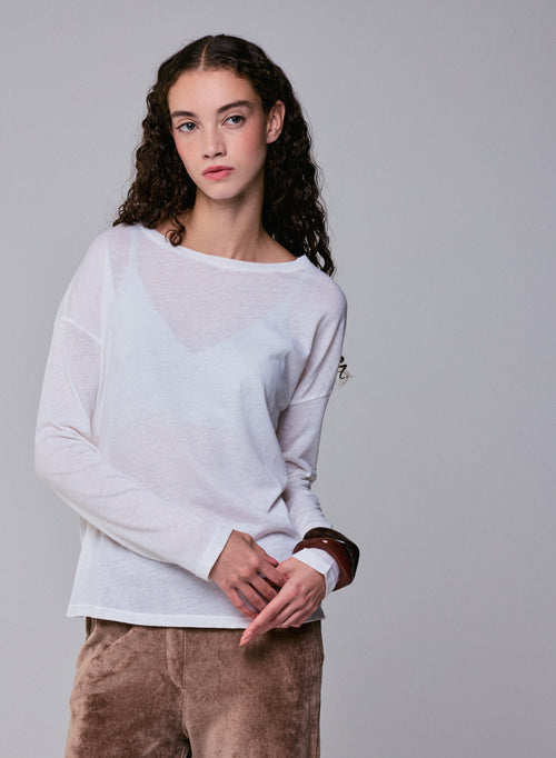 White Boat Neck Long Sleeves T-Shirt in Cotton and Cashmere - MAJESTIC FILATURES