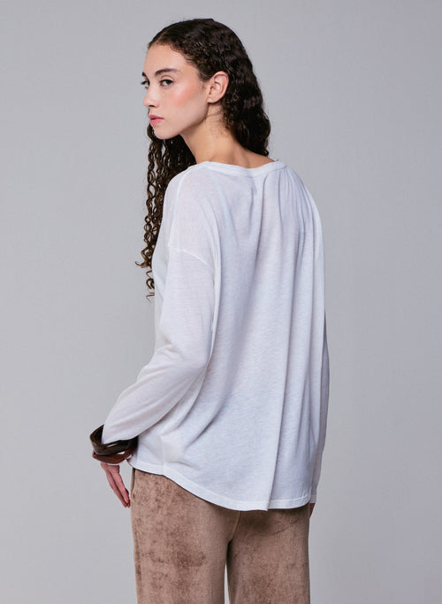 White Boat Neck Long Sleeves T-Shirt in Cotton and Cashmere - MAJESTIC FILATURES
